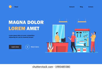 Happy men choosing and buying hardware isolated flat vector illustration. Cartoon characters looking at repair instrument on shelf in shop. Tool store interior and pollution concept