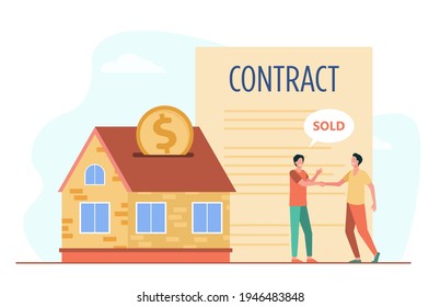 Happy men concluding contract on house sale. Agreement, investment, coin flat vector illustration. Property and real estate concept for banner, website design or landing web page