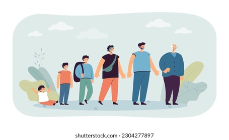 Happy men of different age vector illustration. Male toddler, boy, teenager, young, mature and senior man standing in line. Aging, descent between generations, adolescence concept