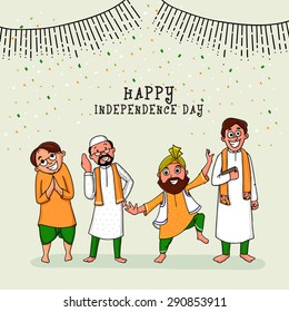 Happy men of different religion showing Unity in Diversity on national flag confetti decorated background for Indian Independence Day celebration.