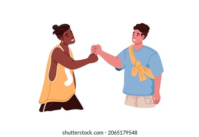 Happy men friends giving fist bump. Two people greeting each other with informal friendly hi gesture, say hello. Interracial friendship concept. Flat vector illustration isolated on white background.