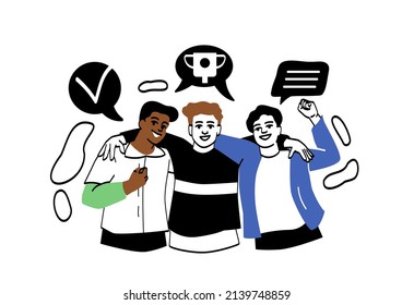 Happy men friends. Young guys walking and hugging, disco or party characters. Team celebrates success, good atmosphere between colleagues, strong relationships. Cartoon flat vector illustration