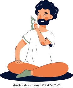 Happy men with funny parrot. Cute boy with pet, vector illustration