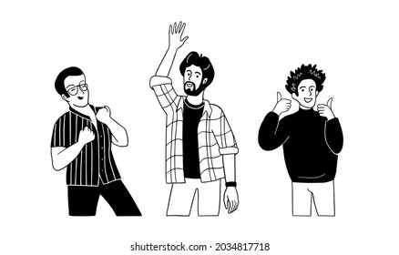 Happy men gesture with thumbs up, hands up, clenched fists. Hand drawn vector illustration of signs of human emotions on a white background. Sketches of non-verbal communication signals.