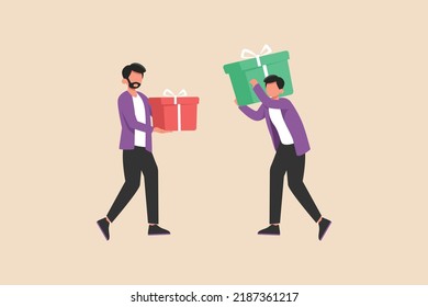 Los hombres felices se regalan cajas de regalo. Concepto de caja de regalo. Ilustración vectorial plana aislada.