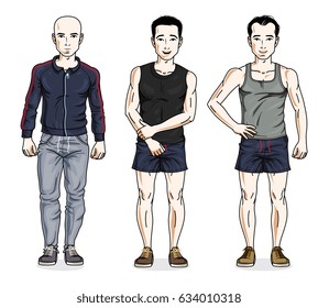 Happy men group standing in stylish sportswear. Vector diverse people illustrations set. Lifestyle theme male characters.