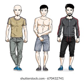 Happy men group standing in stylish sportswear. Vector diverse people illustrations set.