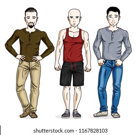 Happy men group standing wearing casual clothes. Vector people illustrations set.