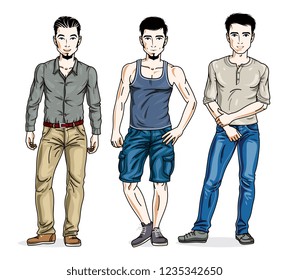 Happy men group standing wearing casual clothes. Vector people illustrations set. Lifestyle theme male characters.