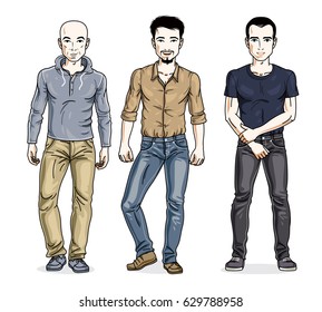 Happy men group standing wearing fashionable casual clothes. Vector people illustrations set.
