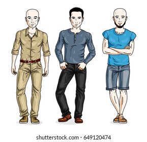 Happy men group standing wearing fashionable casual clothes. Vector people illustrations set. Lifestyle theme male characters.