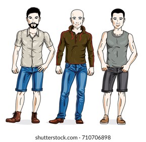 Happy men group standing wearing casual clothes. Vector people illustrations set. Lifestyle theme male characters.