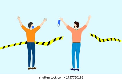 Happy men hands up and throwing mask near  warning yellow line. Quarantine is over. Victory. Police strip line. Isolated. Stop coronavirus. 