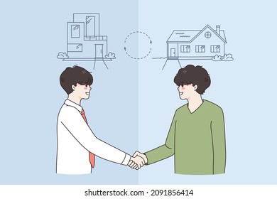 Happy men handshake make deal change houses. Smiling males shake hands make agreement sell and buy home or property. Real estate concept. Ownership and rental. Flat vector illustration. 