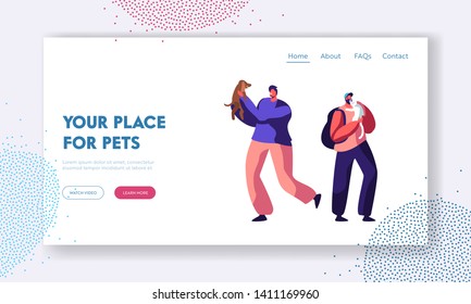 Happy Men Having Leisure Time and Fun with Dogs, Playing with Puppy. Spend Time with Domestic Animals, Care, Lifestyle, Leisure Website Landing Page, Web Page. Cartoon Flat Vector Illustration, Banner