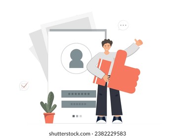 Happy men holding sign like by his hands, like, rate on social networks, chat in the messenger and comments on the blog, flat vector illustration