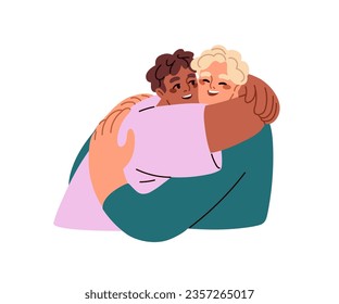 Happy men hugging. Excited male friends meeting, embracing. Glad guys smiling, laughing. Young biracial gay couple cuddling with love. Flat graphic vector illustration isolated on white background