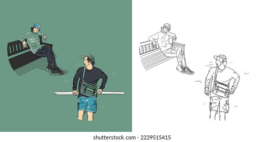 Happy men illustrations Collection on the green background vector line art modern illustrations
