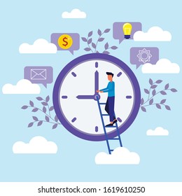 Happy men in informal settings to climb the stairs with a large clock background. Various icons. The concept of multitasking, productivity and time management. Flat vector.