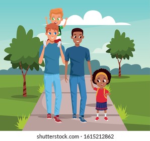 Happy men with little kids walking in the park, colorful design, vector illustration