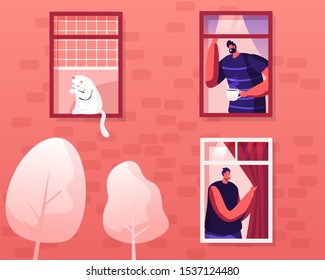 Happy Men Neighbors Peeking Out of Windows with Curtains Greeting Each Other Drinking Coffee at Morning, White Cat Sitting on Windowsill, Washing himself. Comfort Life Cartoon Flat Vector Illustration