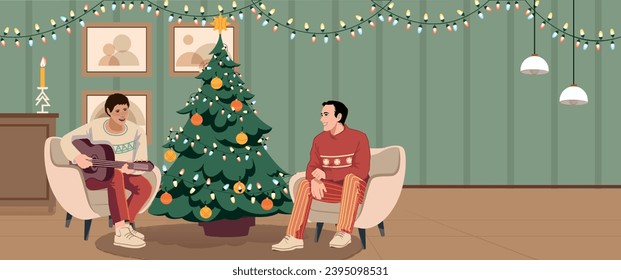 Happy men playing in guitar In living room decorated for Merry Christmas and Happy New. Male friends sit on comfortable chairs singing in Christmas interior