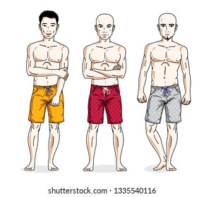 Happy men posing with athletic body, wearing beach shorts. Vector diverse people illustrations set. Lifestyle theme male characters.