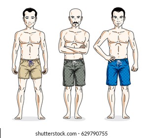 Happy men posing with athletic body, wearing beach shorts. Vector diverse people illustrations set. Lifestyle theme male characters.