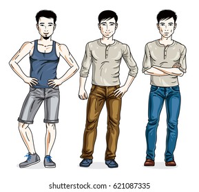 Happy men posing in stylish casual clothes. Vector people illustrations set.