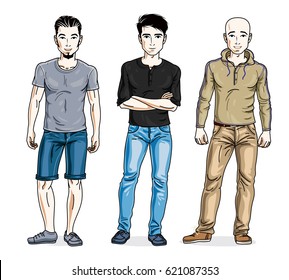 Happy men posing in stylish casual clothes. Vector people illustrations set. Lifestyle theme male characters.