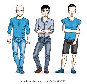 Happy men posing in stylish casual clothes. Vector people illustrations set. Lifestyle theme male characters.