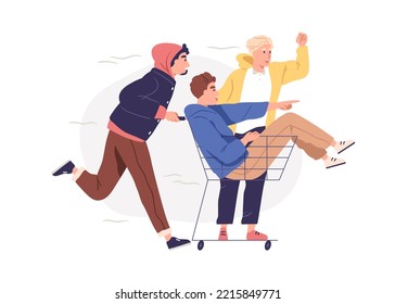 Happy men pushing supermarket cart with guy sitting inside. Friends having fun, joy with grocery trolley. Funny male customers kidding, fooling. Flat vector illustration isolated on white background