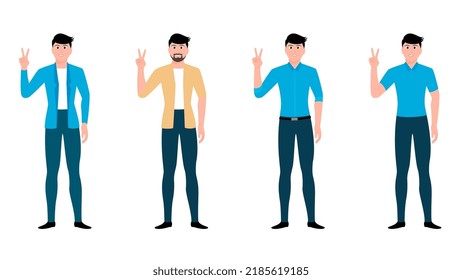 happy men shows gesture of victory by hand and other hand on waist. flat hand gesture vector