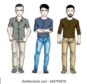 Happy men standing in stylish casual clothes. Vector set of beautiful people illustrations. Lifestyle theme male characters.