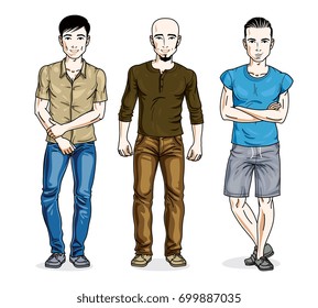 Happy men standing wearing fashionable casual clothes. Vector set of beautiful people illustrations. Lifestyle theme male characters.