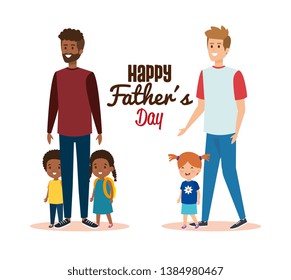 happy men with their son and daughters to fathers day