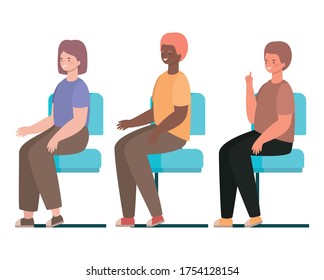 happy men and woman cartoons sitting on seats design, Girl boy female male person people human and social media theme Vector illustration