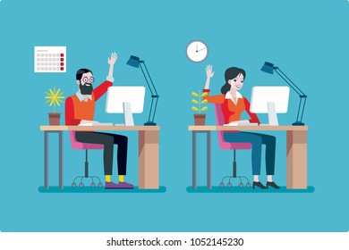 Happy Men and Woman sitting at their working place in officer and working on computer.