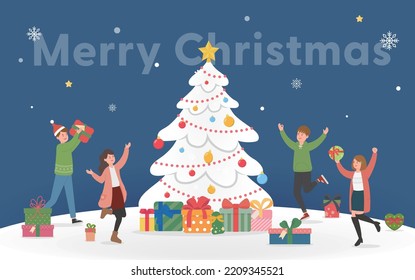 Happy men and women celebrating christmas, christmas tree with gifts and snowflakes, christmas and happy new year, vector cartoon style, greeting card invitation card christmas card