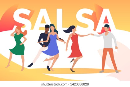 Happy men and women dancing salsa at party. Leisure, fun, performance concept. Vector illustration can be used for topics like entertainment, nightlife, salsa party