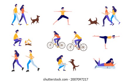 Happy men and women doing various summer activities: running, walking the dog, cycling, traveling, doing yoga. Vector illustration.