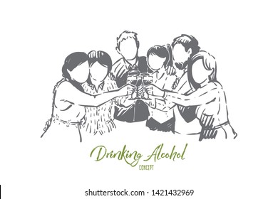 Happy men and women drinking alcohol, young friends, adults having fun, celebration with cocktails, wine. Weekend party, night club recreation concept sketch. Hand drawn vector illustration