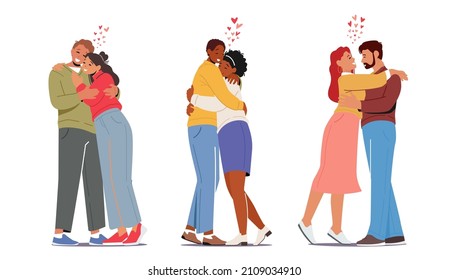 Happy Men and Women Embracing and Hugging. Loving Couples Hug, Romantic Relations Concept. Male Female Lovers Characters Dating, Love, Connection, Romance Feelings. Cartoon People Vector Illustration