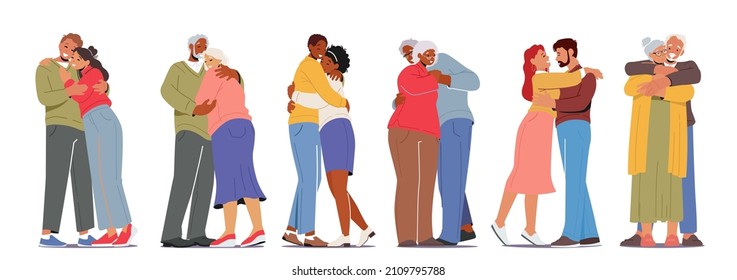 Happy Men and Women Embracing and Hugging. Loving Aged and Young Couples Hug, Romantic Relations Concept. Male Female Characters Dating, Love, Connection, Romance. Cartoon People Vector Illustration