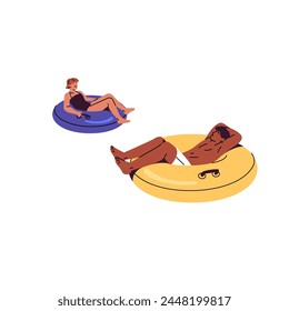 Happy men and women floating on inflatable circles in aquapark. People relax on water. Girl and boy lying on lifebuoys in swimming pool. Beach activity. Flat isolated vector illustration on white