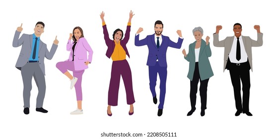 Happy men and women in formal office suits celebrating victory with their arms up . Business team success. Vector illustration of different cartoon male and female characters. Isolated on white.