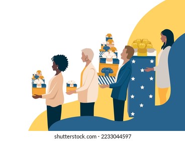 Happy men and women with gifts in their hands. A set of vector illustrations of friendly men in a simple style. Shopping, sale and holiday greetings.