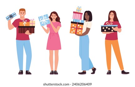 happy men and women with gifts. Vector illustration