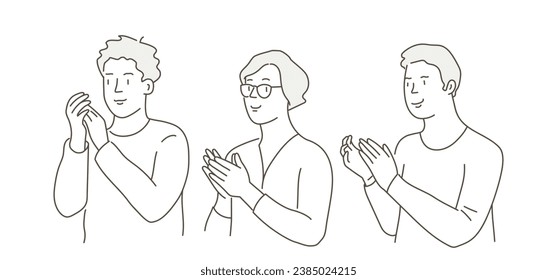 Happy men, women greeting, congratulating with appreciation, support gesture, applause. Hand drawn vector illustration. Black and white.