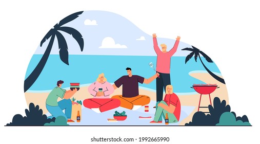 Happy men and women having picnic on beach. Group of people drinking, eating, having lunch outside on ocean shore in summer, grilling sausages flat vector illustration Friends, nature, seaside concept